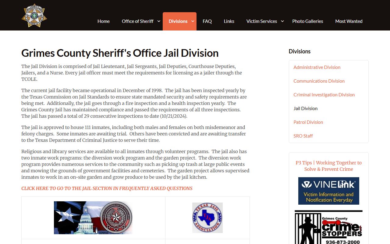 Grimes County Jail division page for inmate population records