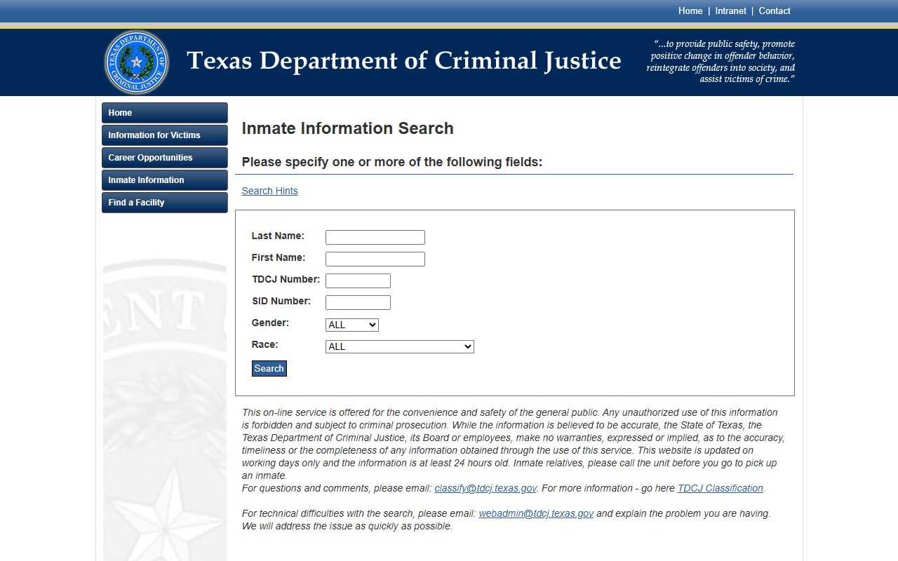 TDCJ search fields for Grimes County inmate lookup
